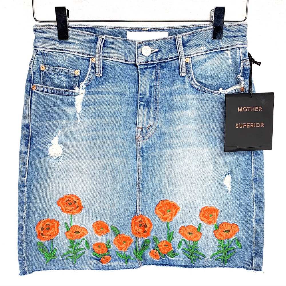 MOTHER High-Waist Frayed Embroidered Skirt